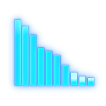 Glowing blue bar chart icon with descending columns, showing a drop in data, sales, signal strength, or financial performance on a transparent background.