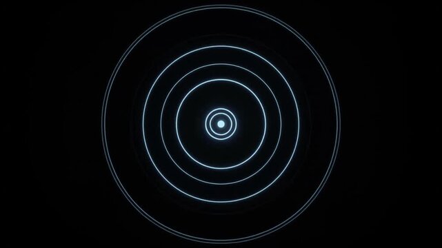 Abstract glowing blue neon circles with a central point isolated on a solid deep black background wallpaper