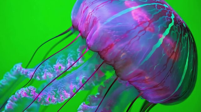 Macro view of a pulsating bioluminescent jellyfish with glowing veins swimming on a green screen background