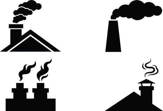 Industrial chimney and house roof silhouette icons set with smoke clouds emission pollution symbols on white background