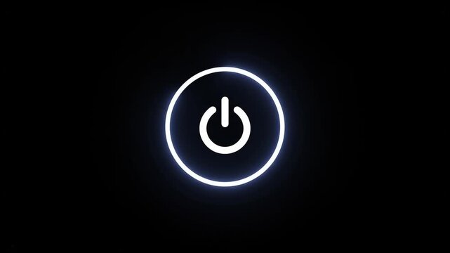 Glowing white power button icon isolated on a solid black background representing technology startup and digital energy