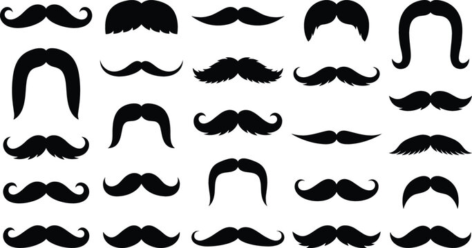 Mustache black silhouette vector icon collection set for mens grooming barber shop hipster style and gentleman fashion