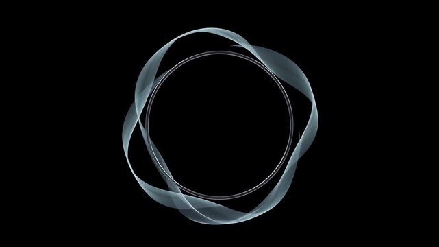 Abstract silver oval frame surrounded by flowing translucent ribbons isolated on a deep black background for design
