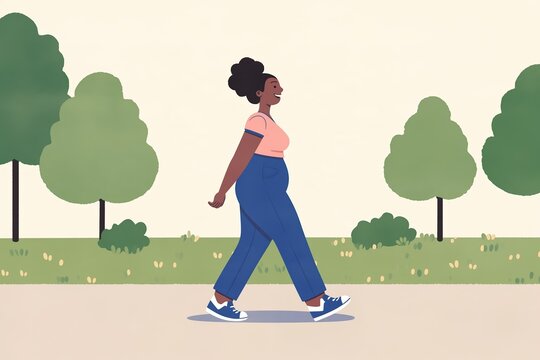 Smiling plus-size woman walking along a park path in a contemporary flat illustration