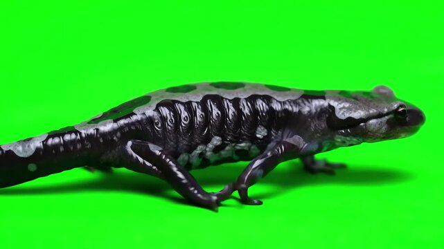 Marbled salamander moving its tail while walking on a solid green screen for compositing