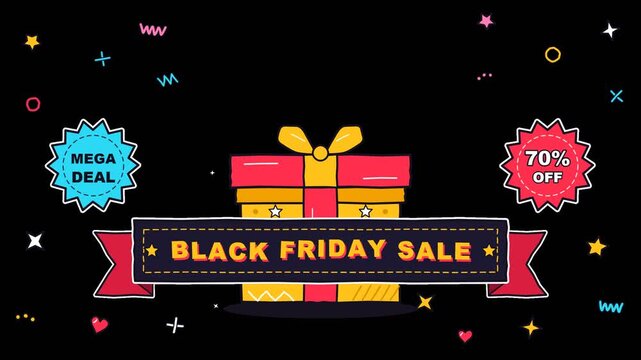 Black Friday Sale Gift Box with Mega Deal and Discount Badge Animation Transparent Background