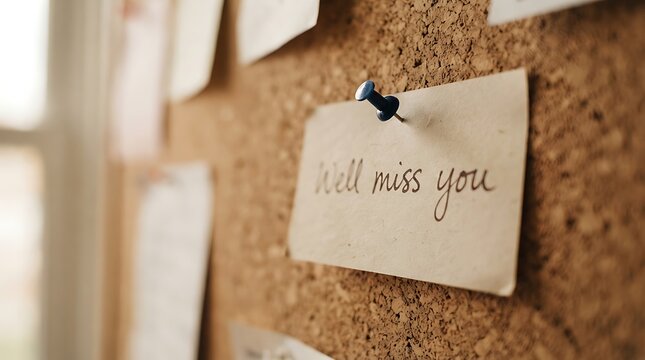 Handwritten Note Saying I Will Miss You Attached To Corkboard With Other Notes