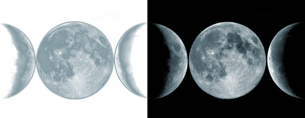 Triple moon goddess symbol phases realistic gray lunar segments craters textured elements isolated for occult and pagan design work. © Pure Pixels (PNG)