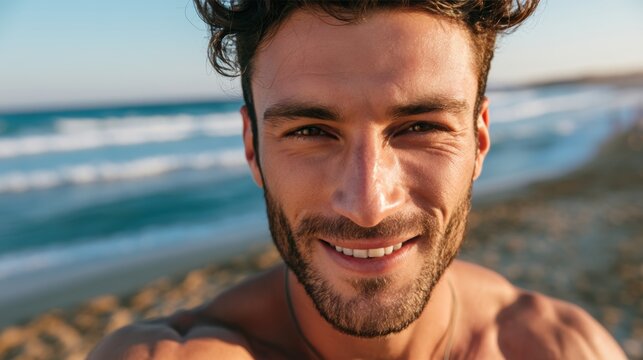 close-up shot of a good-looking male tourist. Enjoy free time outdoors near the city. Looking at the camera while relaxing on a clear day Poses for travel selfies smiling happy tropical