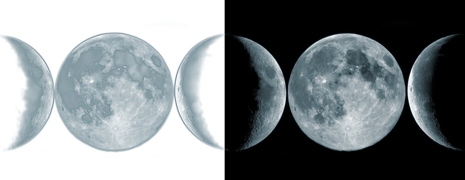 Triple moon goddess symbol phases realistic gray lunar segments craters textured elements isolated for occult and pagan design work.