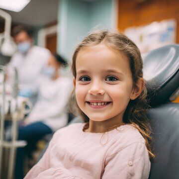 young girl is sitting in a dentist's chair. Children is smiling and enjoying her visit to the dentist
,dentistry, clinic, dental
