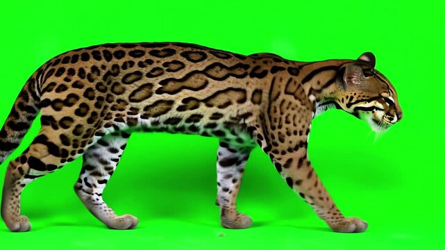 Realistic ocelot walking slowly and cautiously across a bright green screen background for compositing
