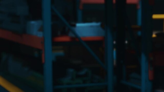 Dimly lit warehouse space with industrial metal shelving units filled with various stored goods and supply boxes during evening hours