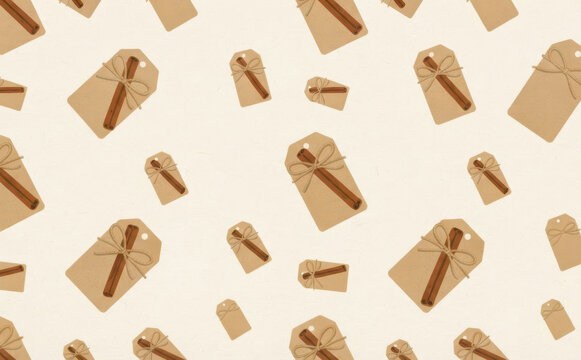 Cinnamon stick gift tag pattern on beige background for holiday design and autumn wrapping