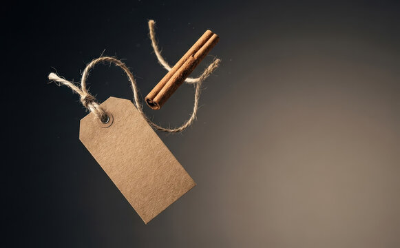 Blank paper tag with cinnamon stick on dark background for spice and autumn concept