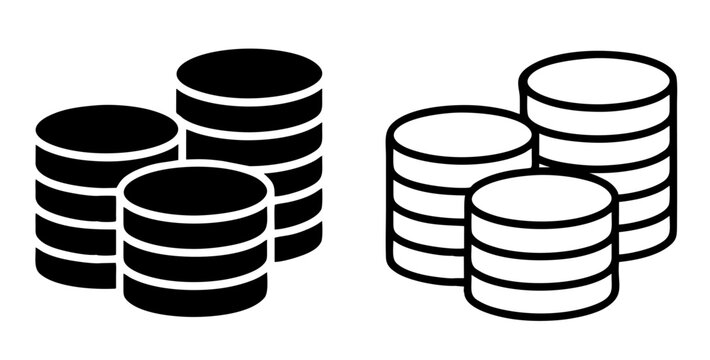 stacked coin icon set elements, outline and solid style, finance and currency symbols on transparent background, stock vector design illustration