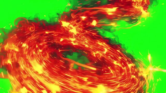 Slow motion swirling embers and fiery sparks dancing in a hypnotic vortex over a chroma key green background
