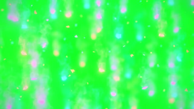 Soft pastel gradient embers falling slowly down a bright green screen for video compositing