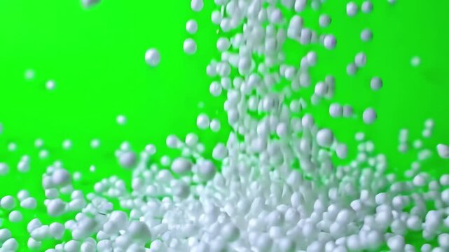 Small white expanded polystyrene foam beads falling against a bright green screen background