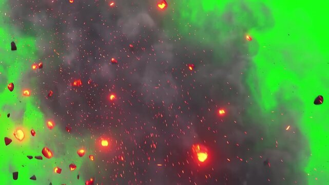 Soft glowing embers and fine volcanic ash dust particles descending through the air on a professional green screen
