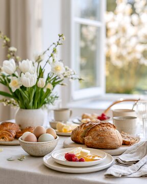Easter breakfast table setting with colorful eggs, fresh bread and spring flowers