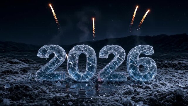 Cinematic New Year 2027 transition with frozen ice 2026 cracking and melting into fiery golden 2027 text, dramatic flames, sparkling particles, snowy night scene, and fireworks.