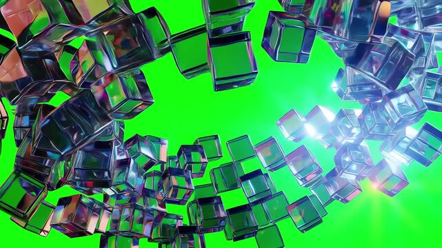 Swirling cluster of small transparent glass cubes rotating in a circular motion over green screen background