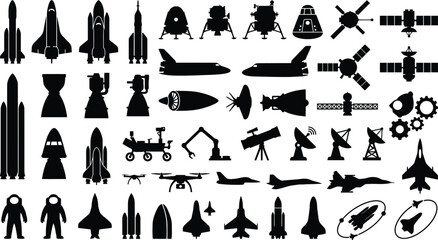WebBlack silhouette icon set featuring space rockets, satellites, aircraft, astronauts, and technology elements for design. © MdMotaharul