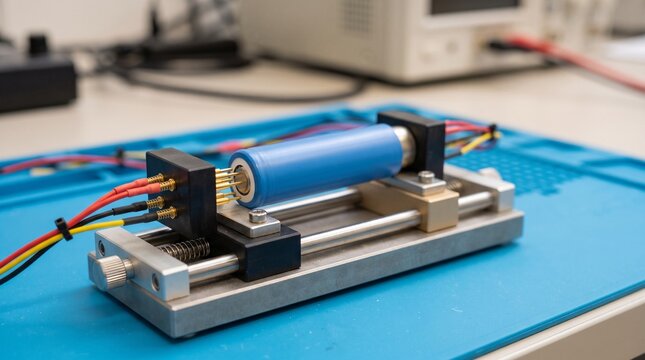 Lithium-ion battery cell voltage testing on a workbench with a test fixture and pogo pins, rechargeable energy storage accumulator testing in electronics lab