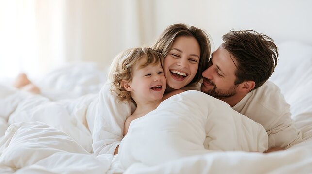 Happy young family with toddler child laughing and hugging in bed with white linens