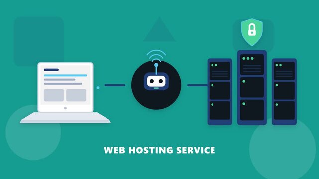 Flat vector animation of a laptop connected through an AI assistant to secure blue server racks, illustrating web hosting, cloud infrastructure, server security and data transfer