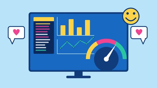 Flat vector illustration of a web analytics dashboard featuring a code panel, yellow bar chart, performance speedometer, smiling status icon and heart notification