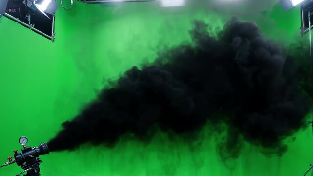 Violent jet black charcoal powder eruption creating a thick smoke cloud across a solid green screen for movie production