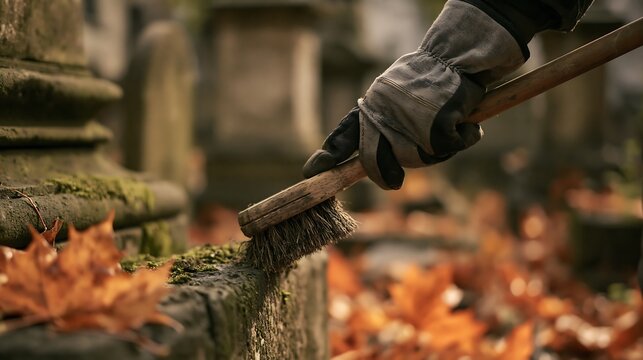 A gloved hand uses a wire brush to scrub a grave stone isolated on transparent background. Concept of cemetery maintenance and respectful memorial preservation.