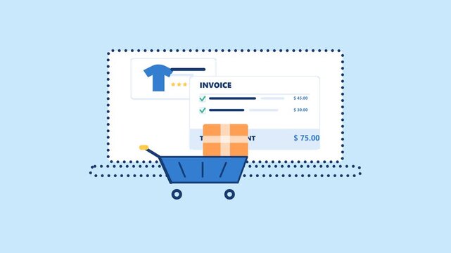 Online shopping checkout animation with clothing product rating, digital invoice, payment coins, shopping cart and delivery parcel, flat vector ecommerce illustration