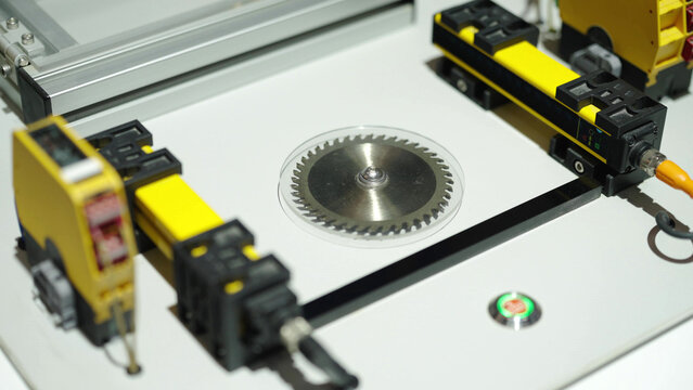 Close-up view of industrial machinery circular saw blade