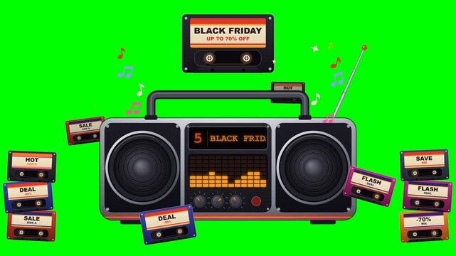 Black Friday Sale Retro Boombox Radio with Music Cassettes Green Screen