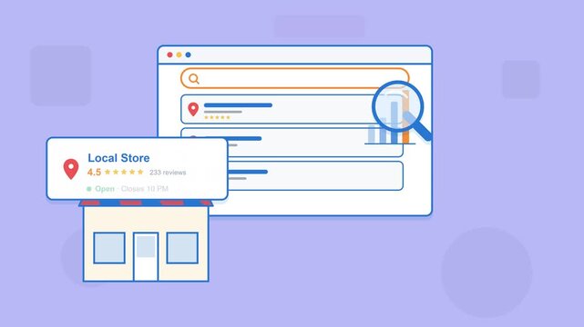 Local business search animation with location pins, five star ratings, magnifying glass ranking analytics and storefront for local SEO, flat vector loop