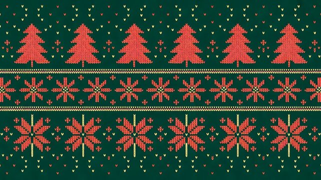 Green Christmas Seamless Pattern with Red Knitted Pine Trees, Snowflakes, and Nordic Fair Isle Border Texture