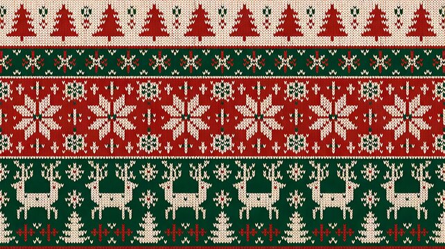 Knitted Red-Green Christmas Seamless Pattern with Reindeer Pine Trees, Snowflakes, and Nordic Fair Isle Texture