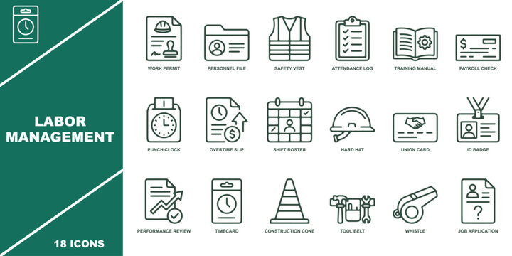Professional labor management icons including safety vest hard hat timecard attendance log and work permit symbols