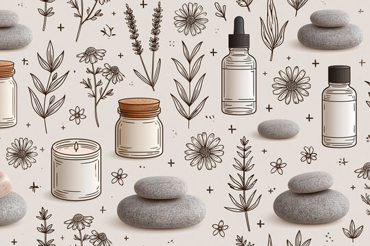 Minimal spa wellness elements, stone and botanical illustration creates calm seamless pattern with essential oil bottles, candles, leaves, and flowers on neutral background