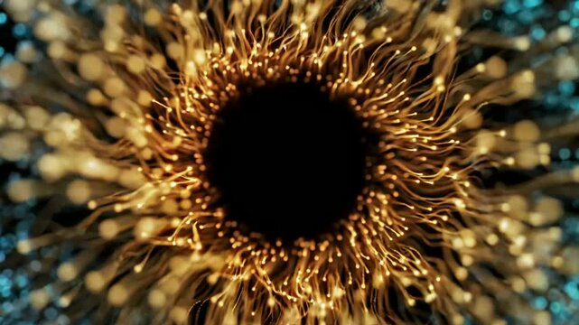 Abstract 3D visualization of glowing circular particles and wavy fiber optic strands in blue and gold, resembling a futuristic iris or neural network connection around a dark central void.
