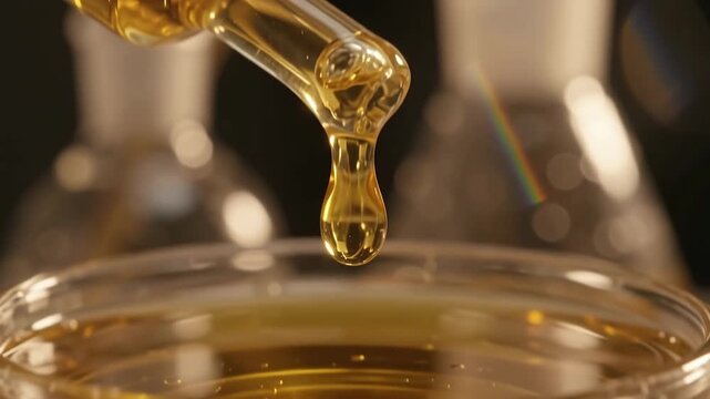 Droplet of Golden Oil: A single drop of viscous golden liquid, possibly oil or honey, falls from a pipette into a shallow glass dish, with laboratory beakers blurred in the background.