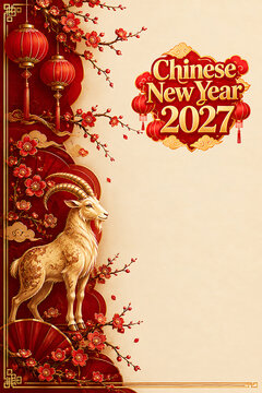 Chinese New Year 2027 Year of the Goat Golden Goat with Red Lanterns Poster Template