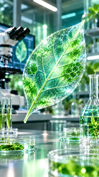 Illustration of glowing futuristic biotech green leaf in laboratory with microscope and glassware