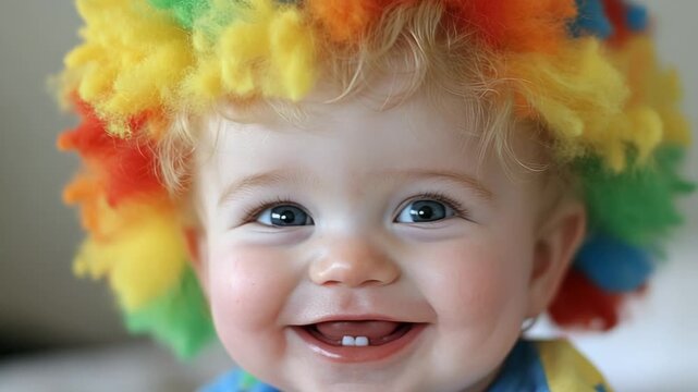 Selective focus happy baby boy with colorful clown wig smiling