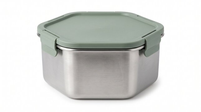 Stainless steel lunch box with green plastic lid, reusable food storage container isolated on white background, eco friendly meal prep box
