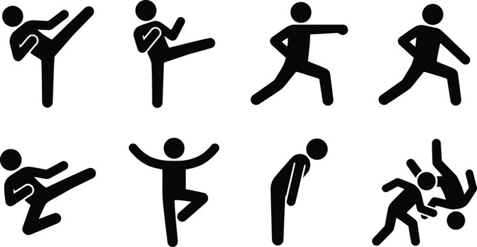 Stick figures demonstrating various martial arts movements like kicking, punching, and grappling positions