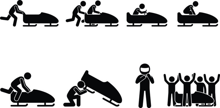 Stick figures illustrate various actions and teamwork involved in the fast paced sport of bobsledding